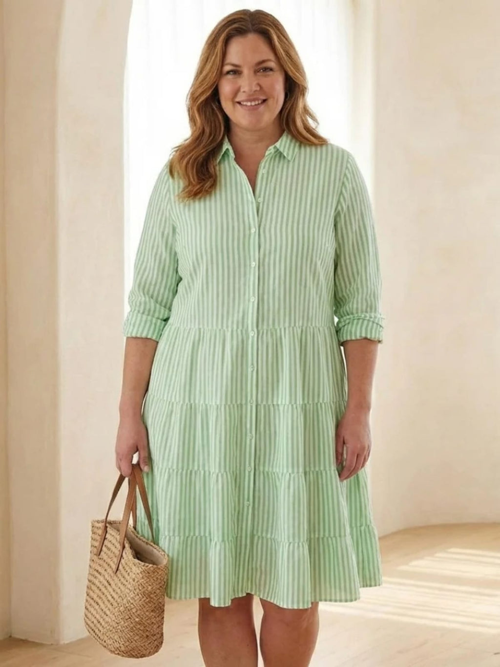 Women's striped tiered dress with button front and 3/4 sleeves.
