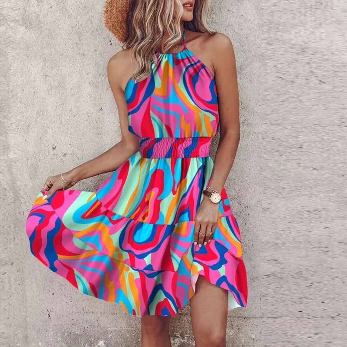 Women's draped lace halter dress with a flowy silhouette.