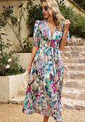 Women's A-line dress with floral print in lightweight fabric.