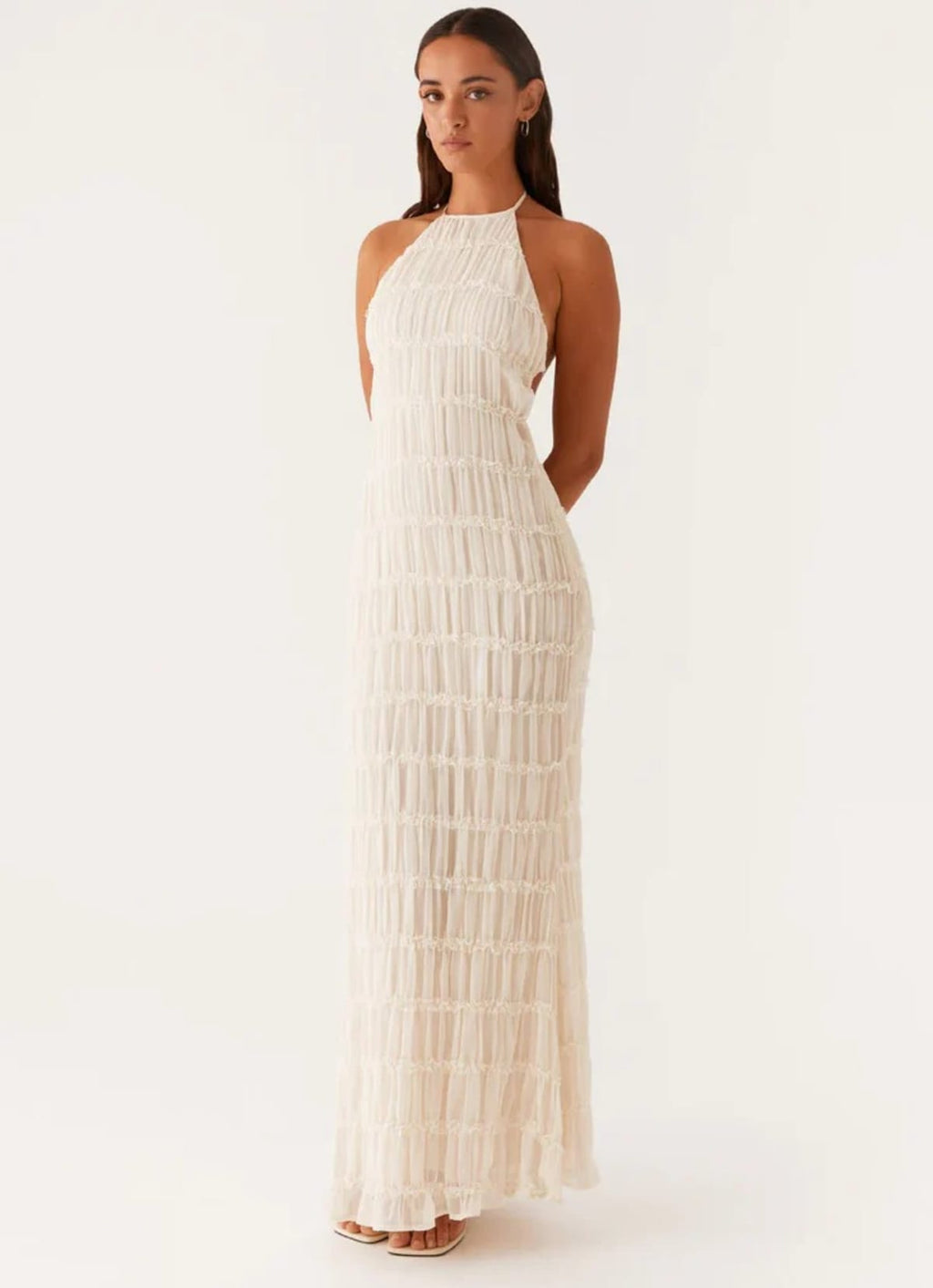 Halter maxi dress with flowing skirt and side zip