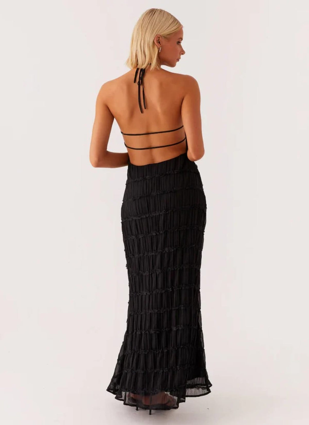 Halter maxi dress with flowing skirt and side zip