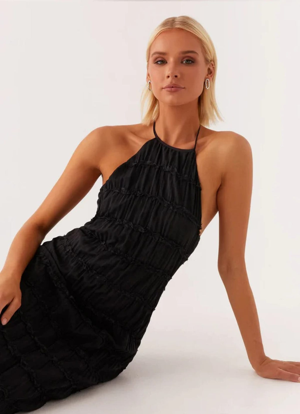 Halter maxi dress with flowing skirt and side zip