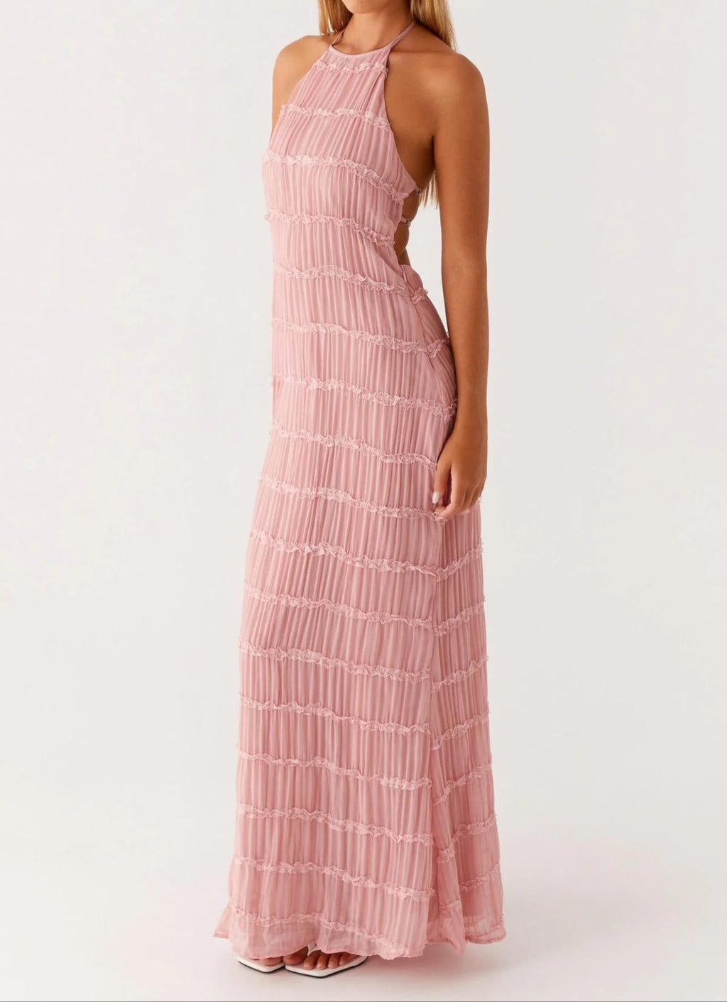 Halter maxi dress with flowing skirt and side zip