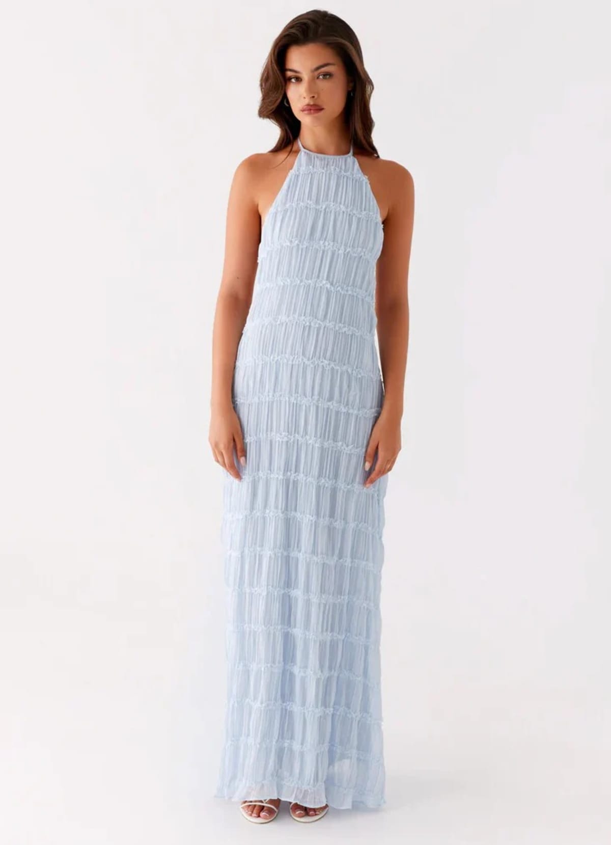 Halter maxi dress with flowing skirt and side zip