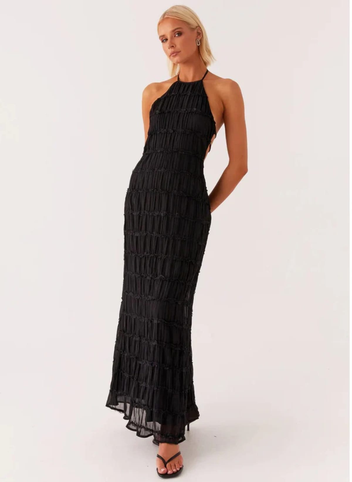 Halter maxi dress with flowing skirt and side zip