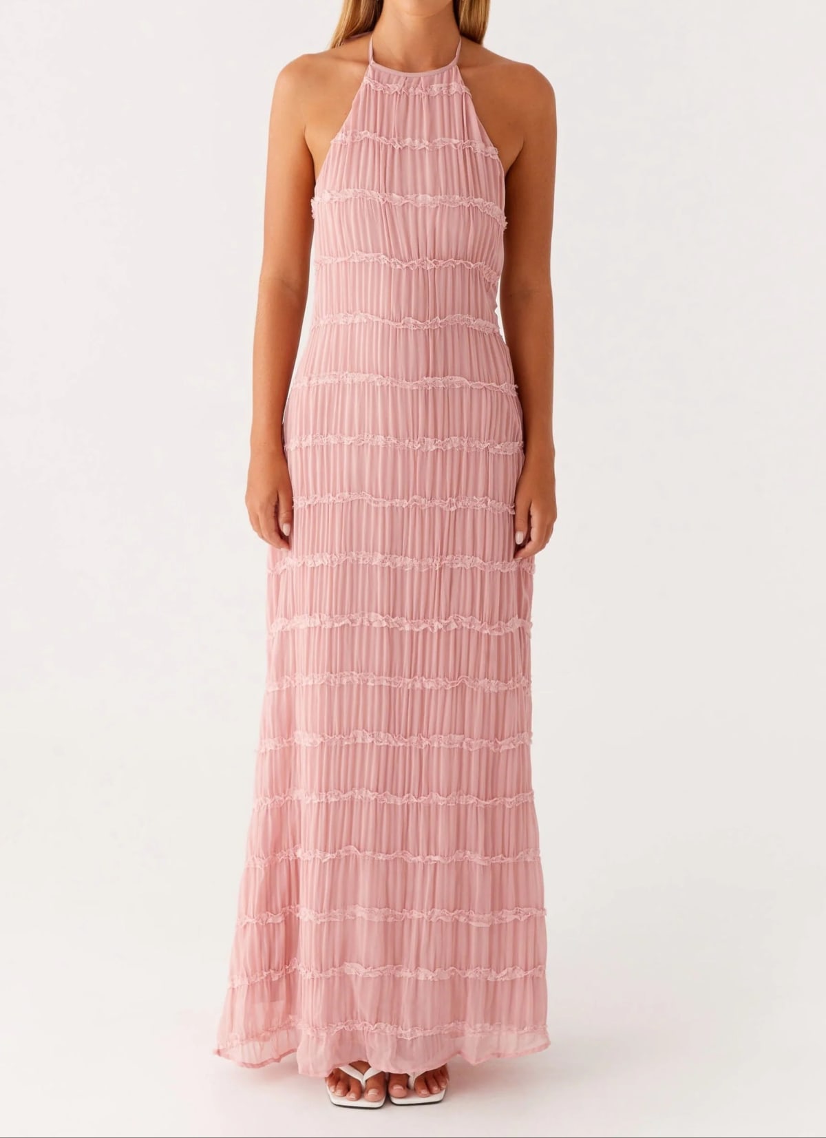 Halter maxi dress with flowing skirt and side zip
