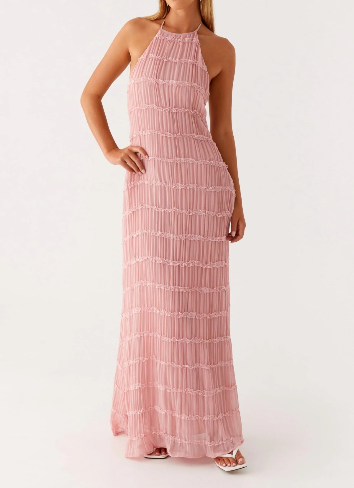 Halter maxi dress with flowing skirt and side zip