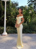 Off-shoulder lace dress with sculpted bodice and satin finish.