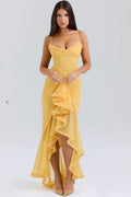 Lace dress with ruching and dovetail hem, wedding guest style.