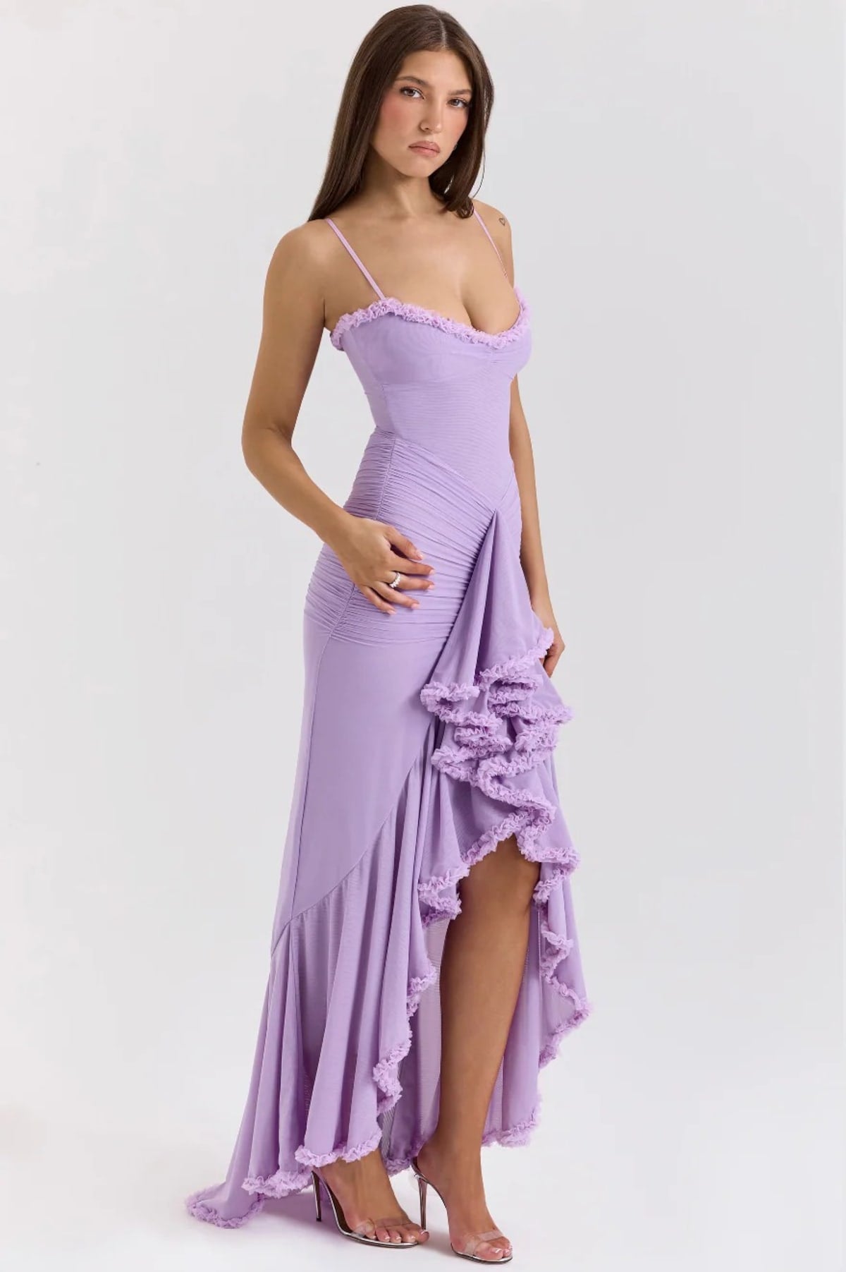 Lace dress with ruching and dovetail hem, wedding guest style.