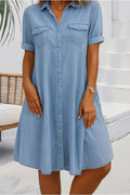 Lightweight button-down dress with denim appearance and rolled-up sleeves