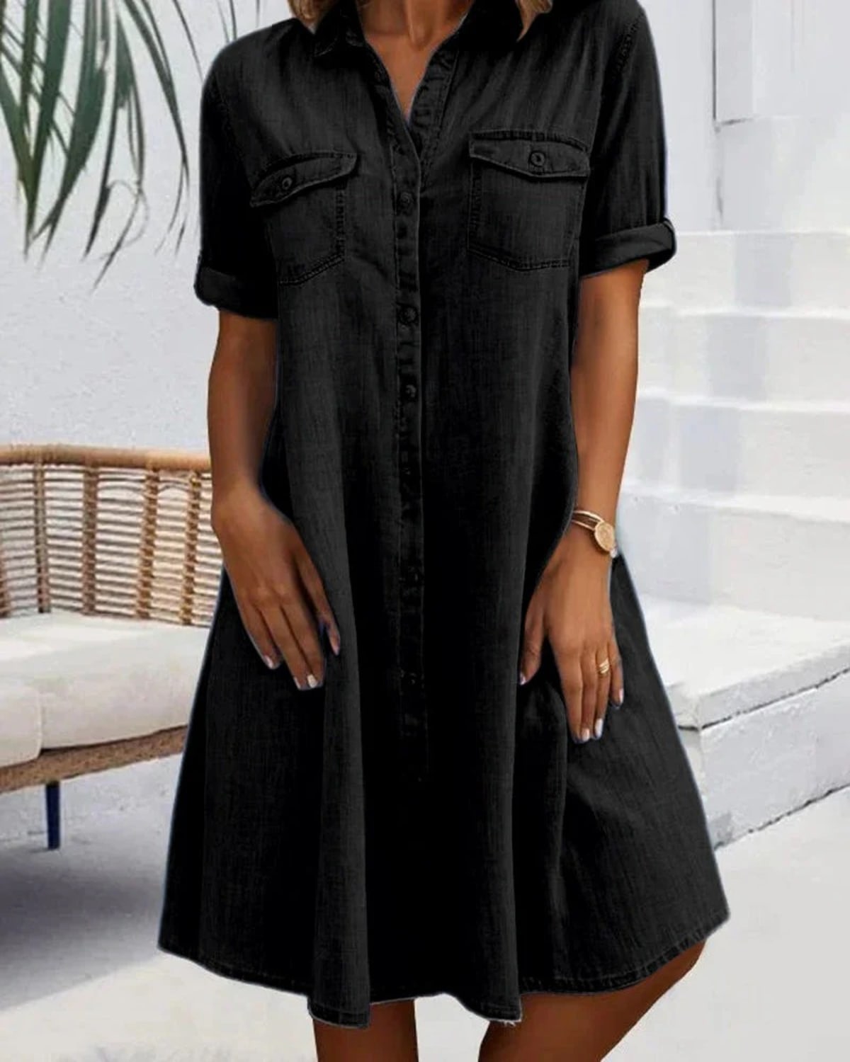 Lightweight button-down dress with denim appearance and rolled-up sleeves