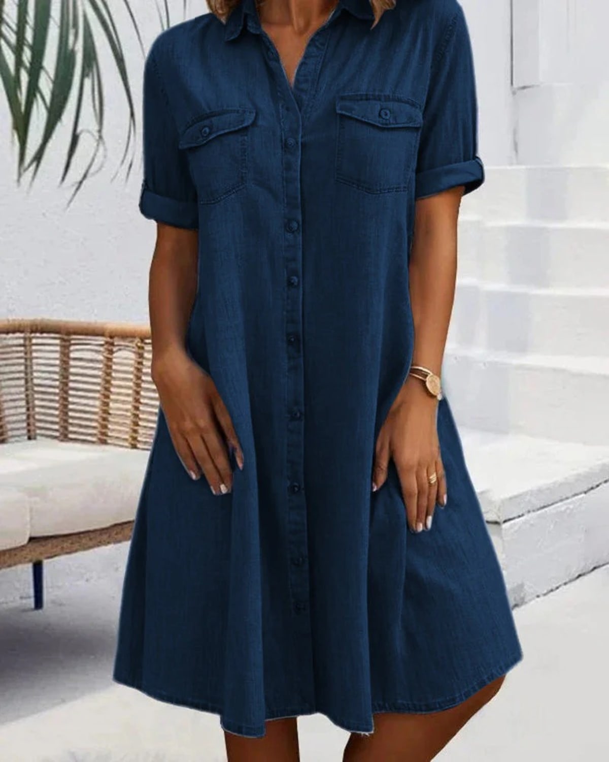 Lightweight button-down dress with denim appearance and rolled-up sleeves