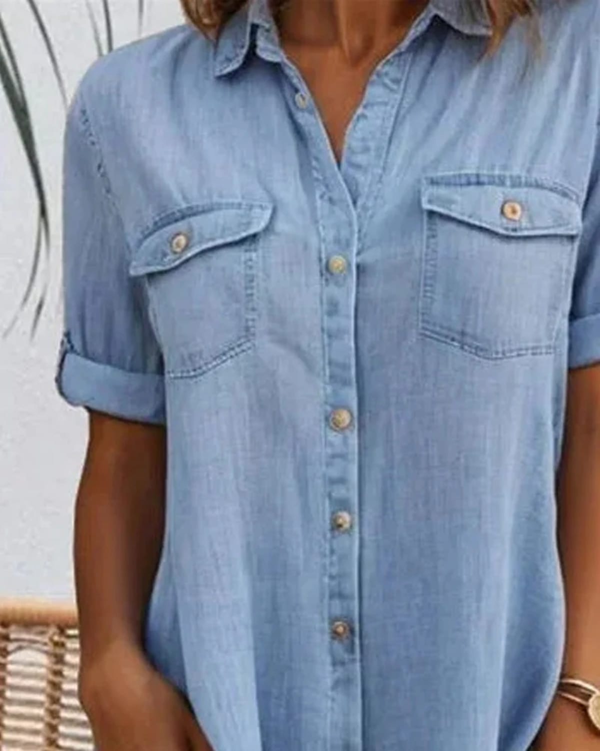 Lightweight button-down dress with denim appearance and rolled-up sleeves