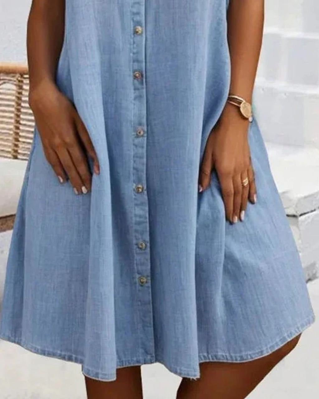 Lightweight button-down dress with denim appearance and rolled-up sleeves