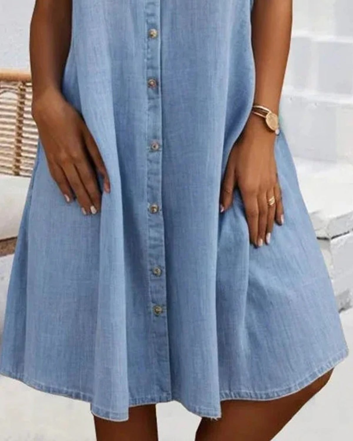 Lightweight button-down dress with denim appearance and rolled-up sleeves