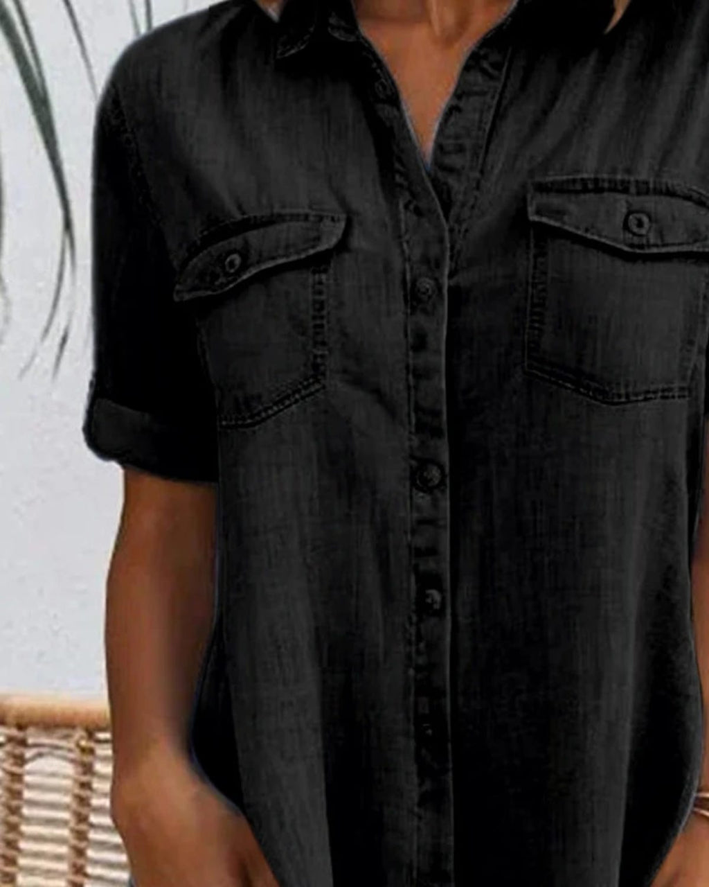 Lightweight button-down dress with denim appearance and rolled-up sleeves