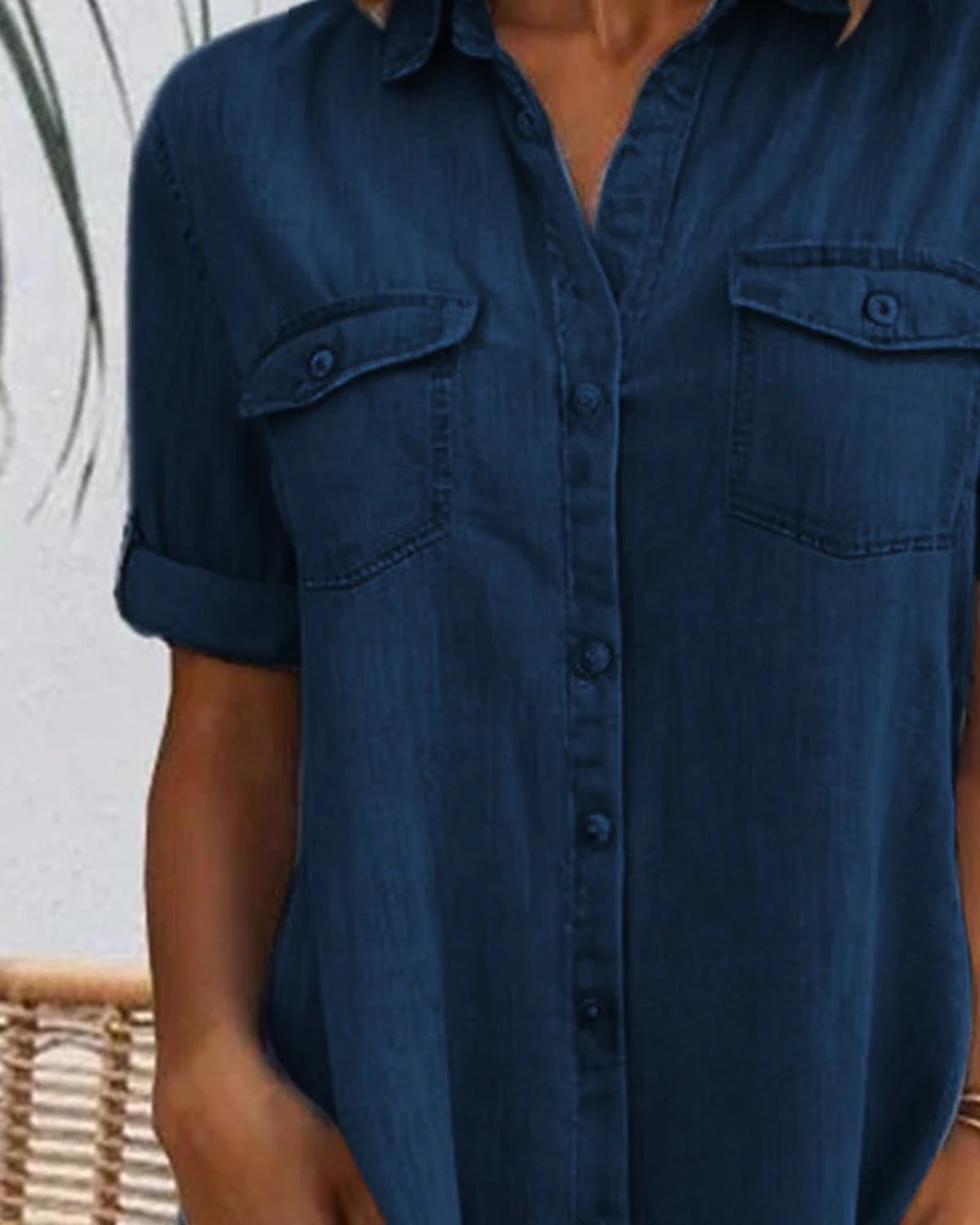 Lightweight button-down dress with denim appearance and rolled-up sleeves