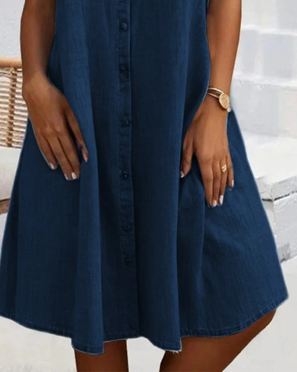 Lightweight button-down dress with denim appearance and rolled-up sleeves