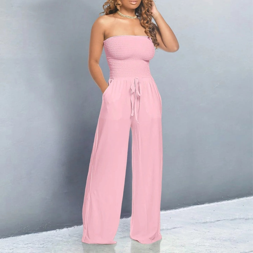 Off-shoulder jumpsuit with wide legs and drawstring waist.