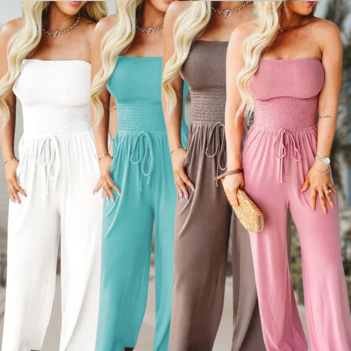Off-shoulder jumpsuit with wide legs and drawstring waist.