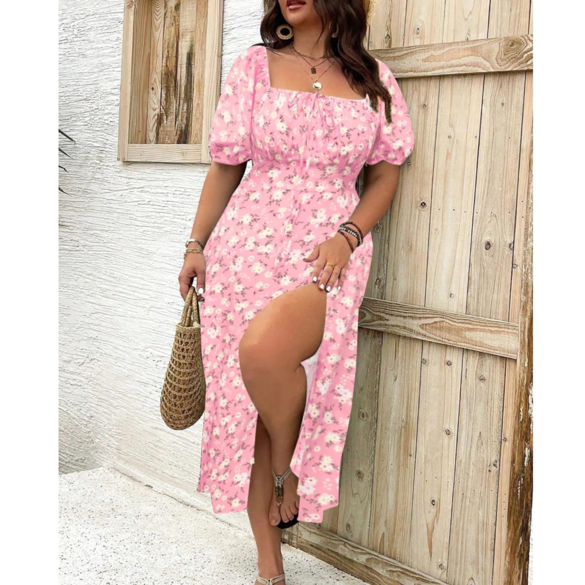 Plus size maxi dress with puff sleeves and flattering fit.