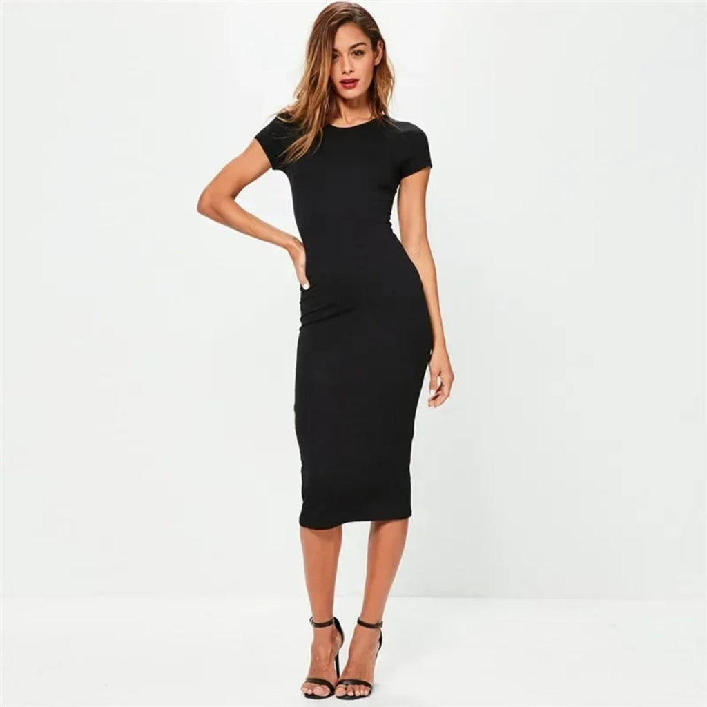 Woman in a ribbed midi bodycon dress with crew neck and short sleeves.