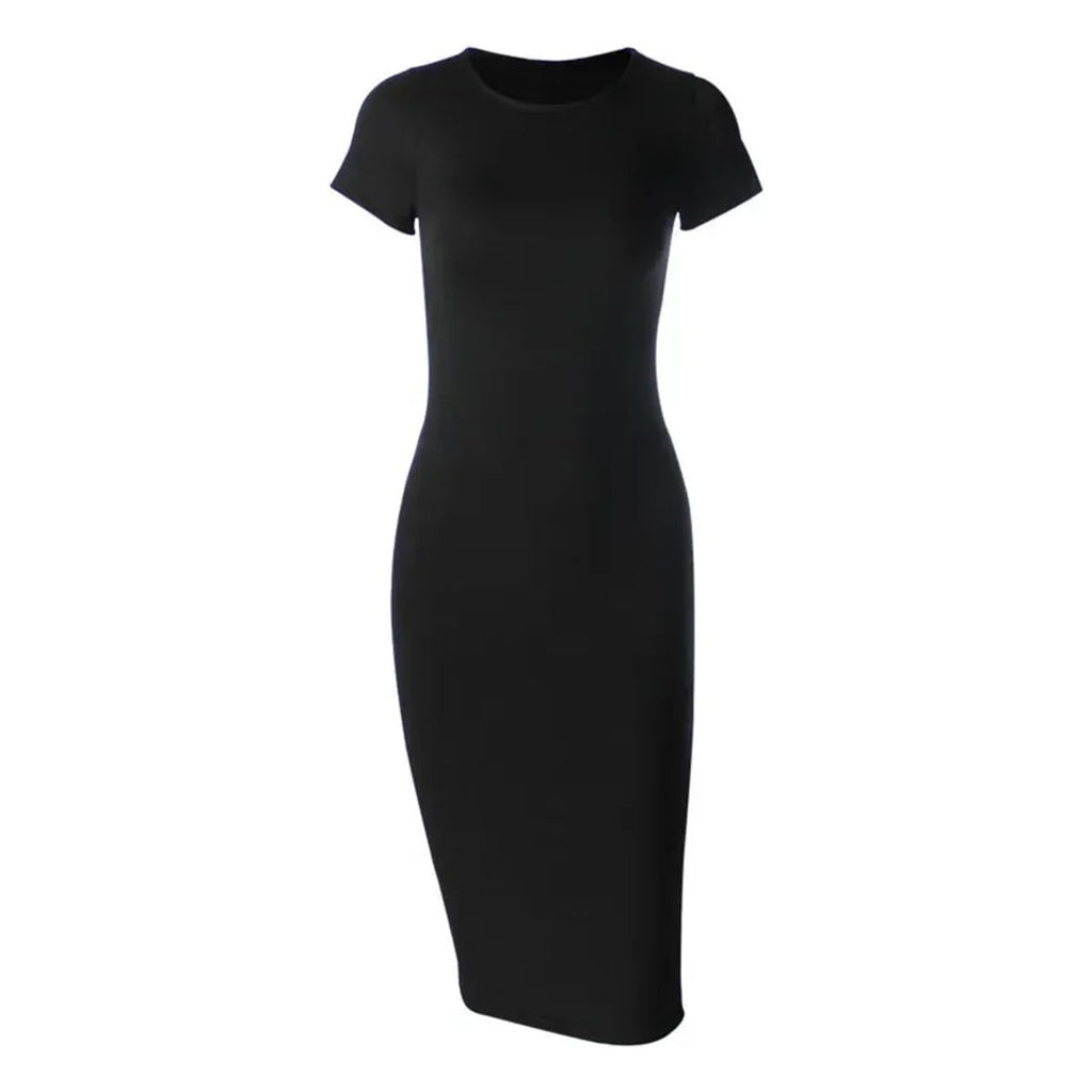 Woman in a ribbed midi bodycon dress with crew neck and short sleeves.