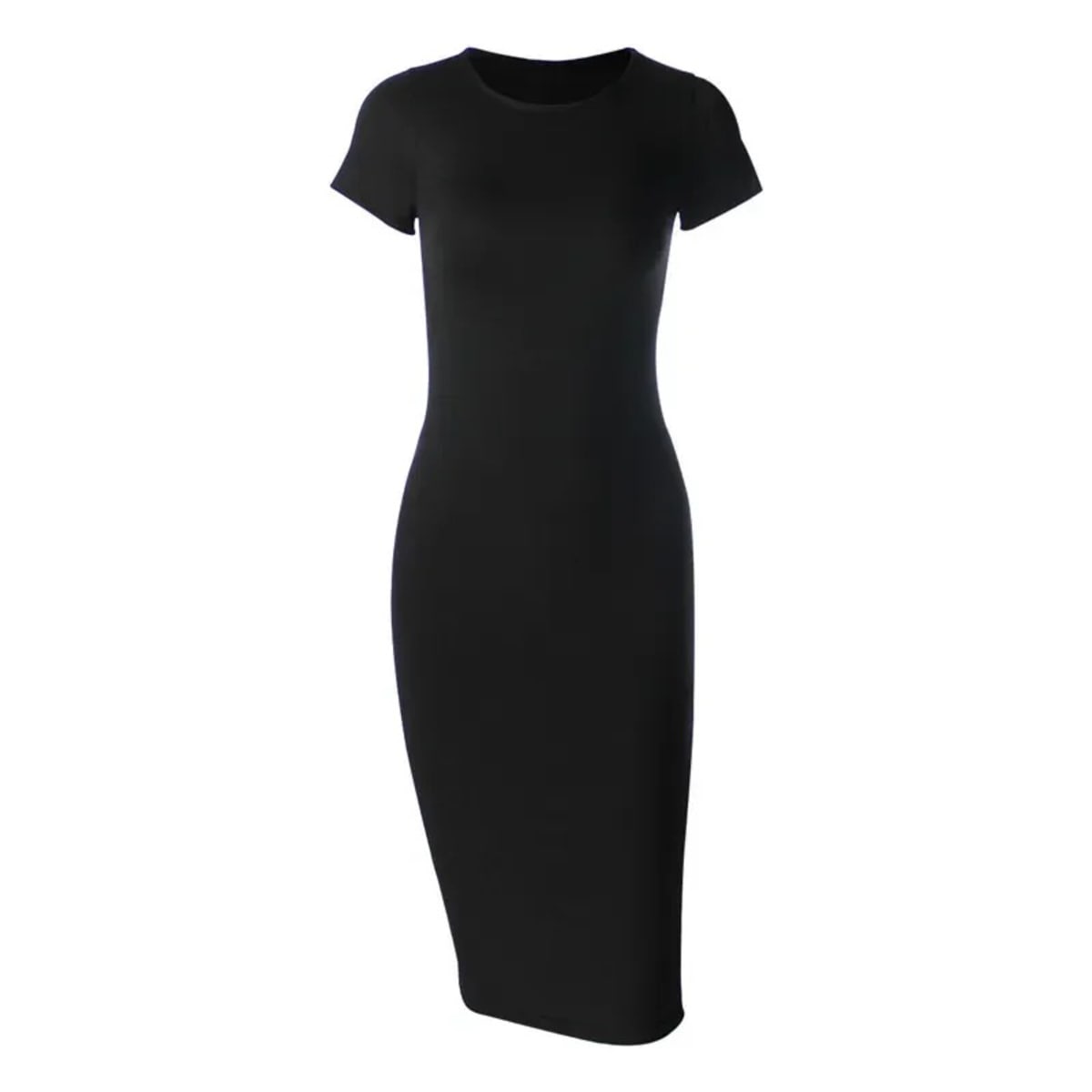 Woman in a ribbed midi bodycon dress with crew neck and short sleeves.
