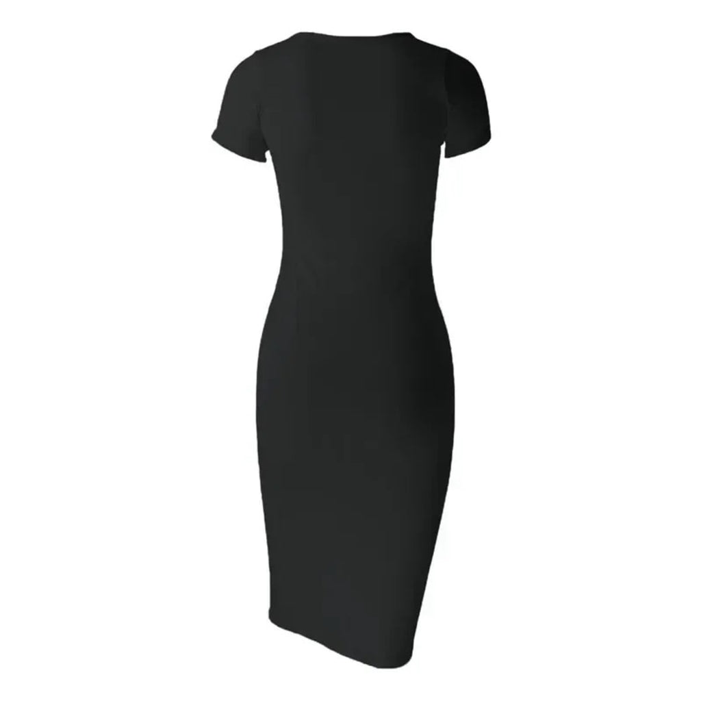 Woman in a ribbed midi bodycon dress with crew neck and short sleeves.