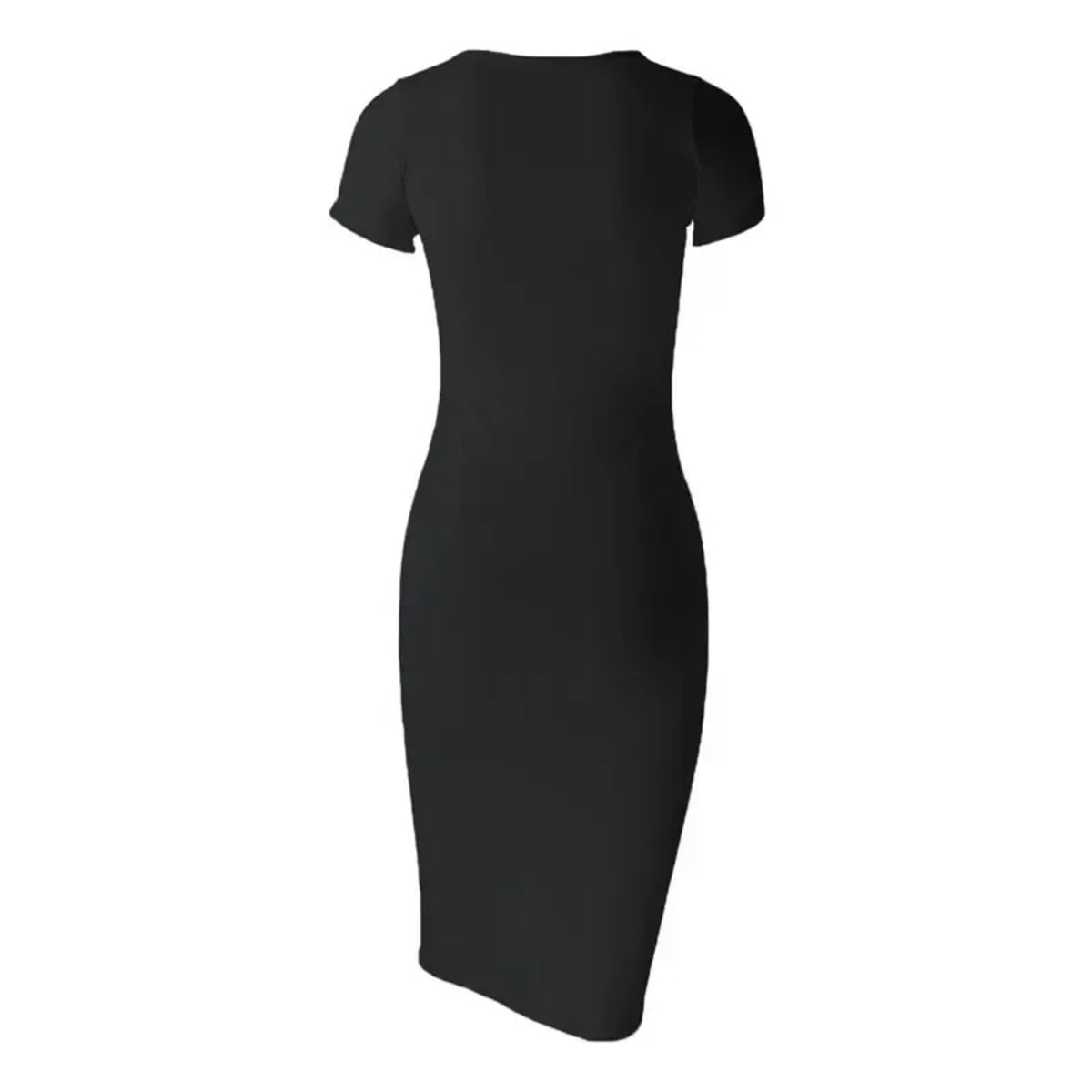 Woman in a ribbed midi bodycon dress with crew neck and short sleeves.