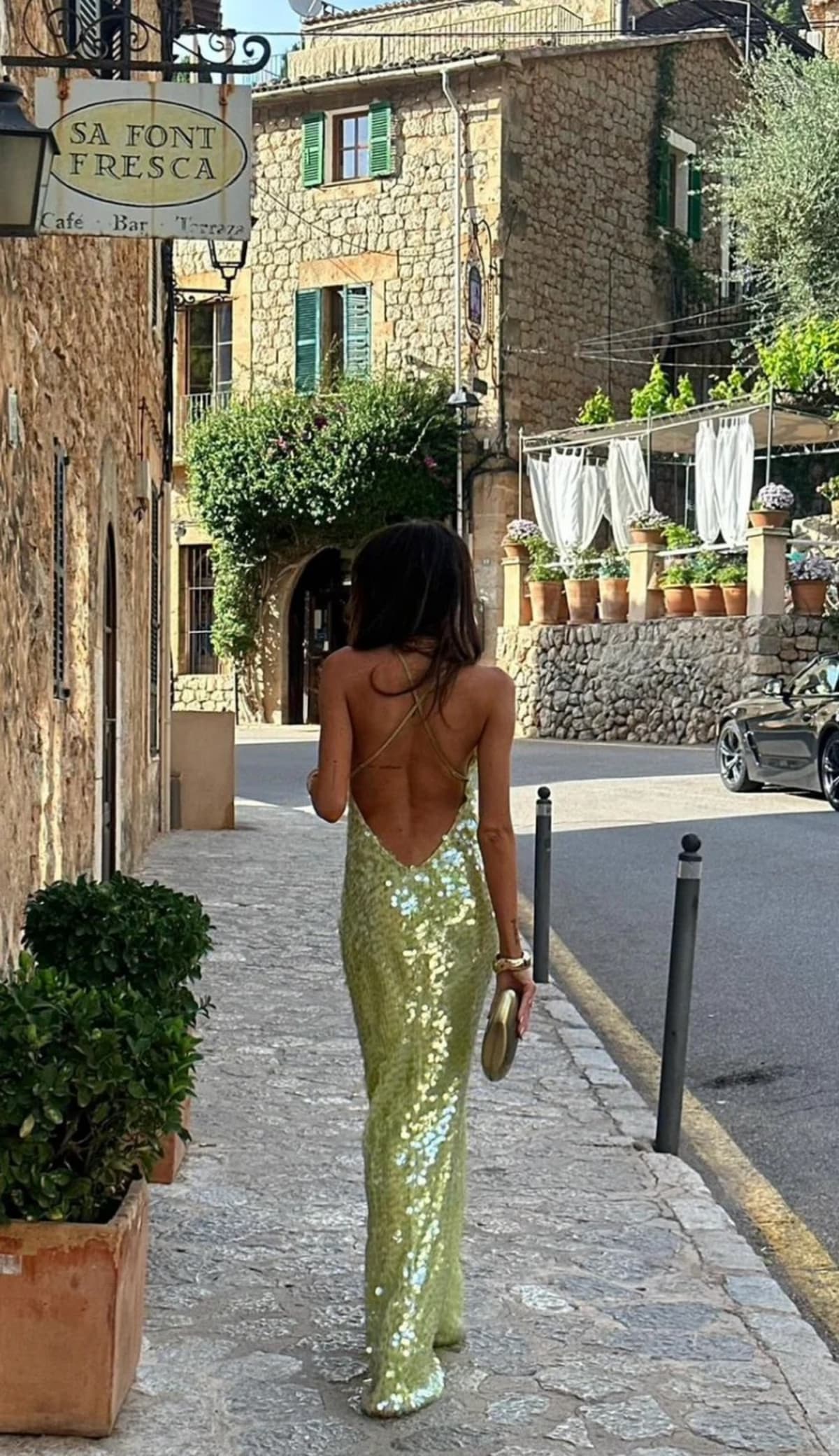 Backless sequin evening dress with square neckline for weddings.