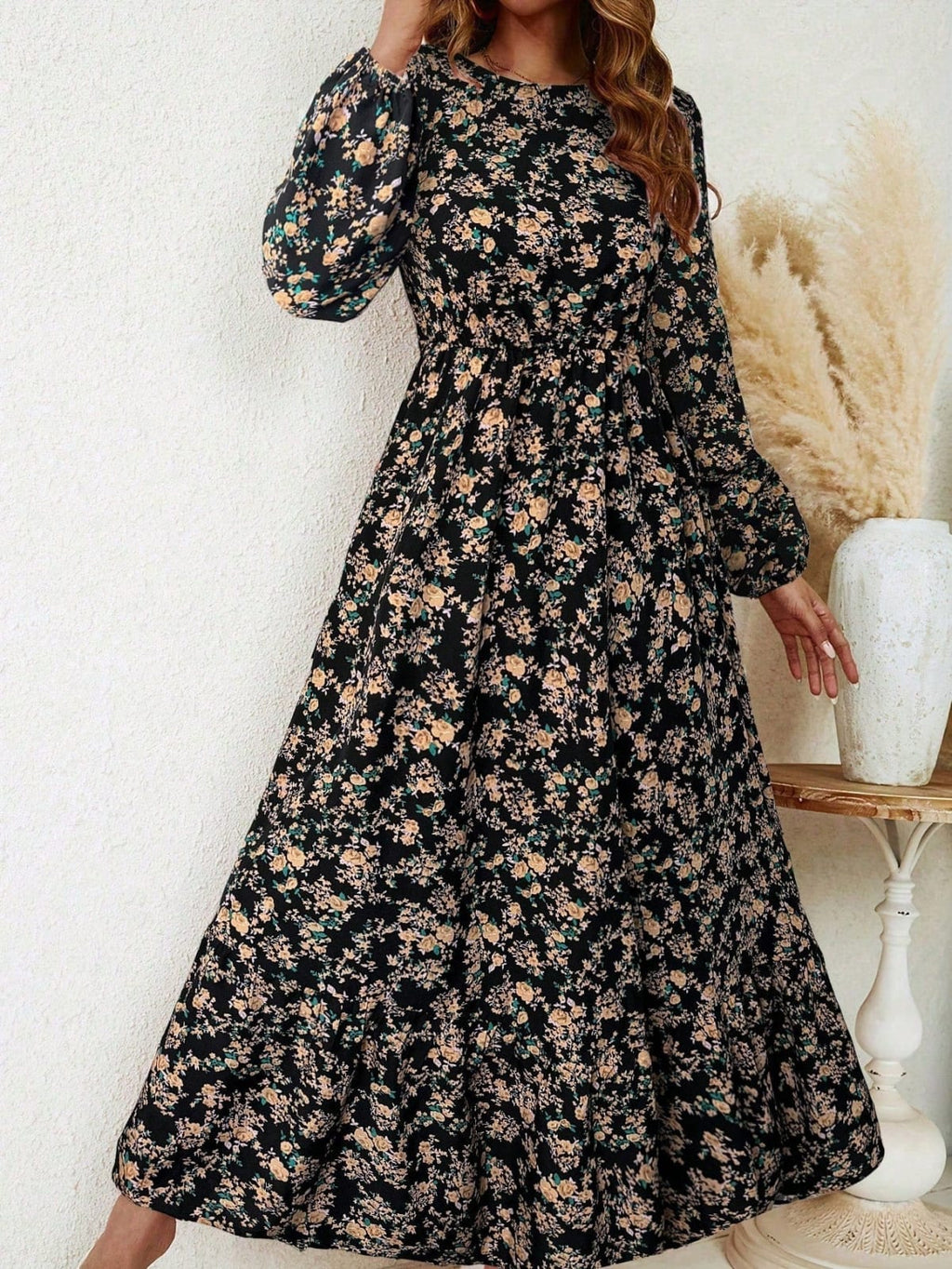 Women's floral smocked waist maxi dress with bishop sleeves