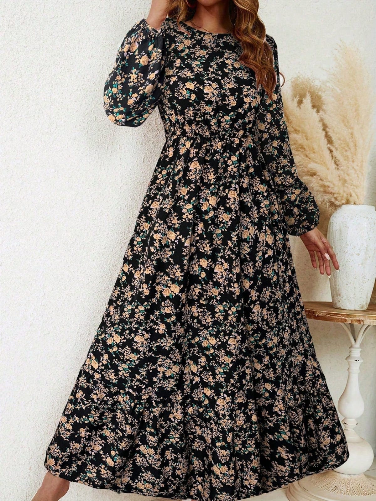 Women's floral smocked waist maxi dress with bishop sleeves
