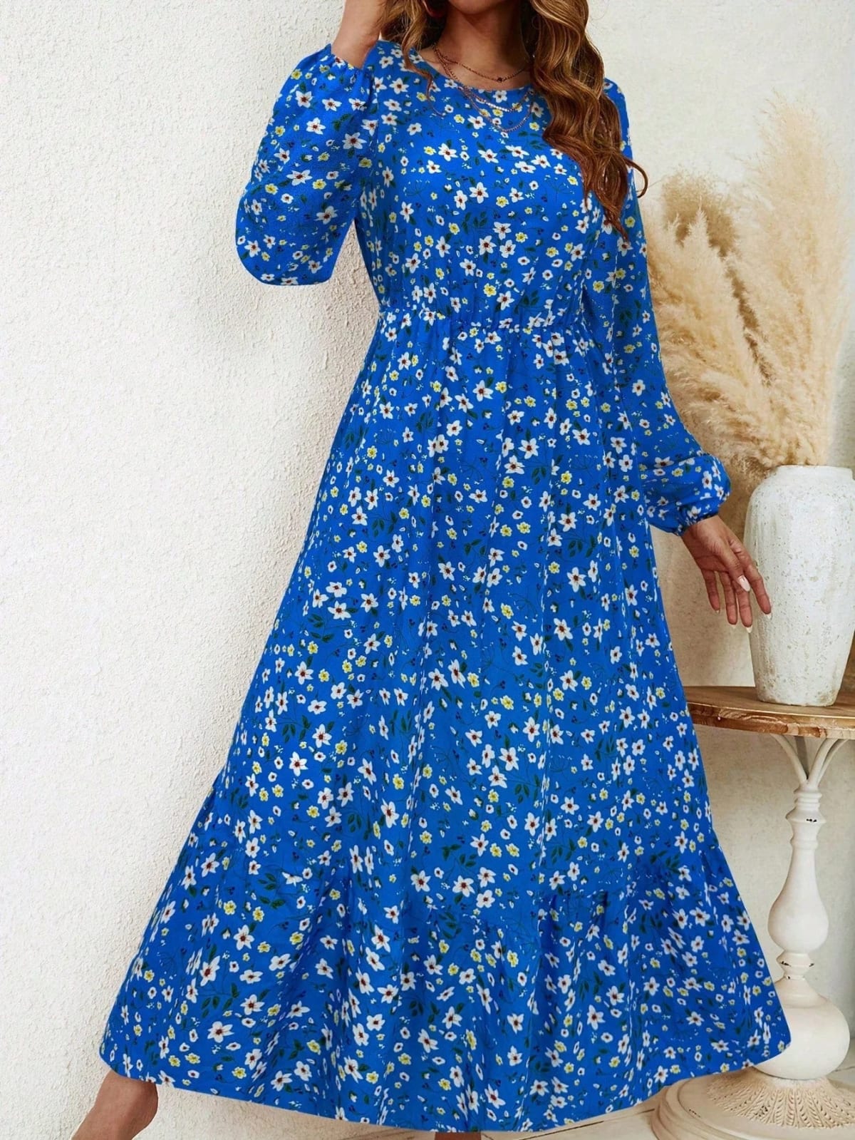 Women's floral smocked waist maxi dress with bishop sleeves