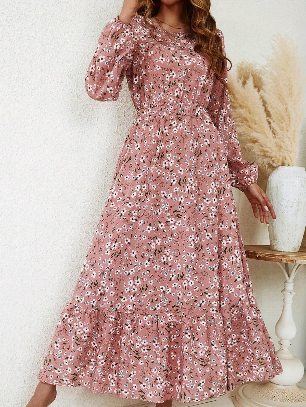 Women's floral smocked waist maxi dress with bishop sleeves