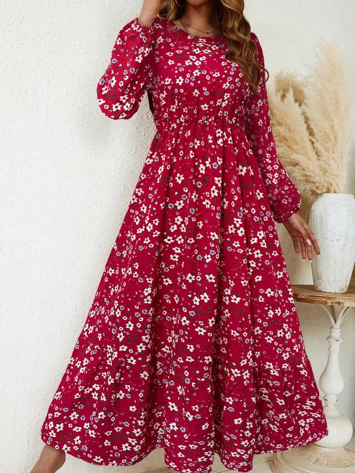 Women's floral smocked waist maxi dress with bishop sleeves