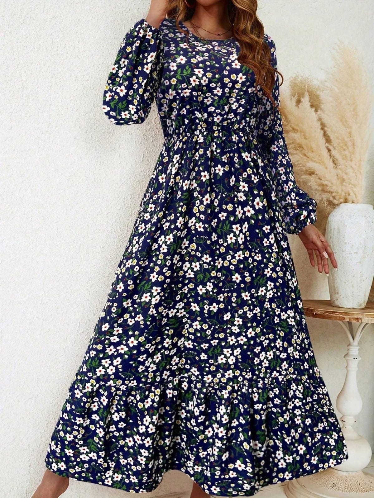 Women's floral smocked waist maxi dress with bishop sleeves