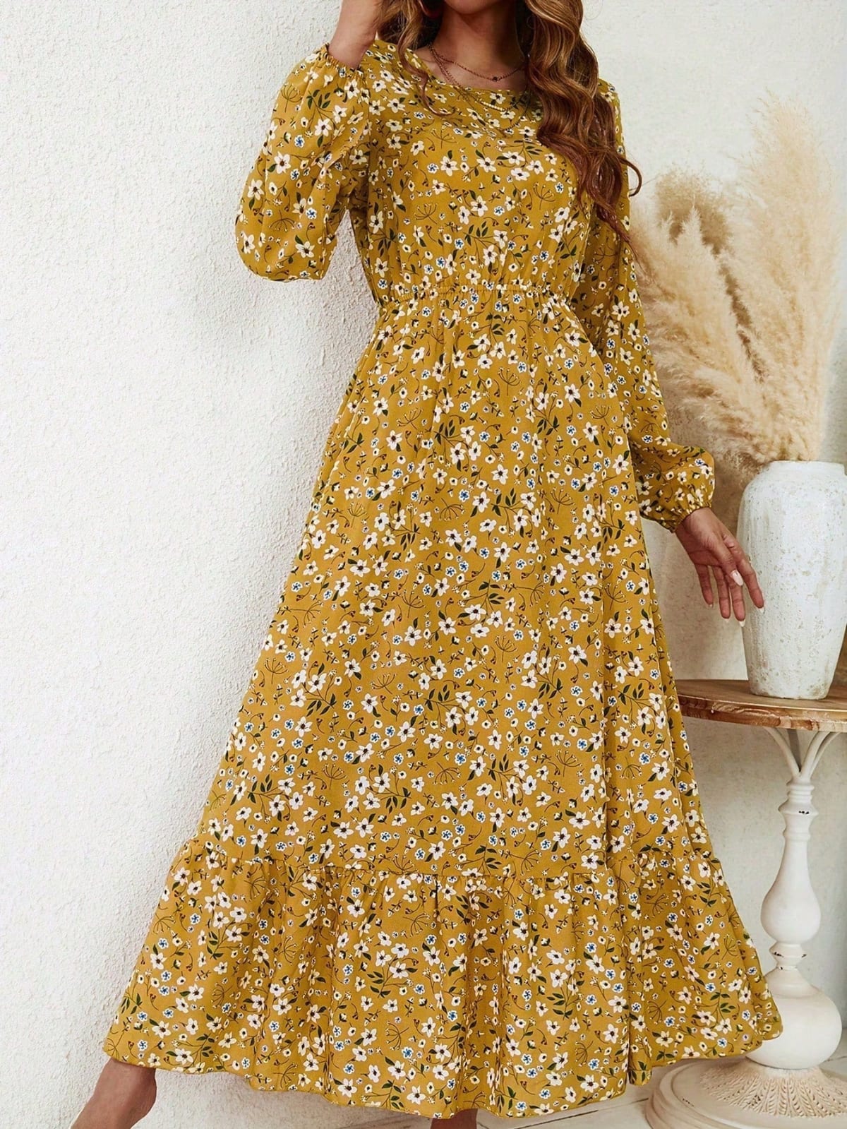 Women's floral smocked waist maxi dress with bishop sleeves