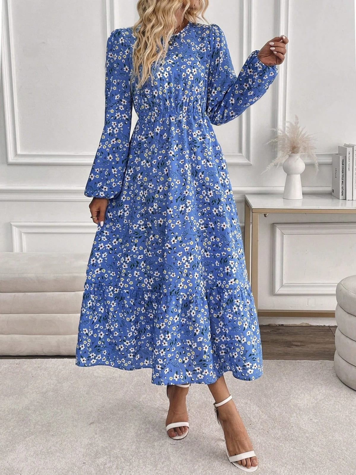 Women's floral smocked waist maxi dress with bishop sleeves
