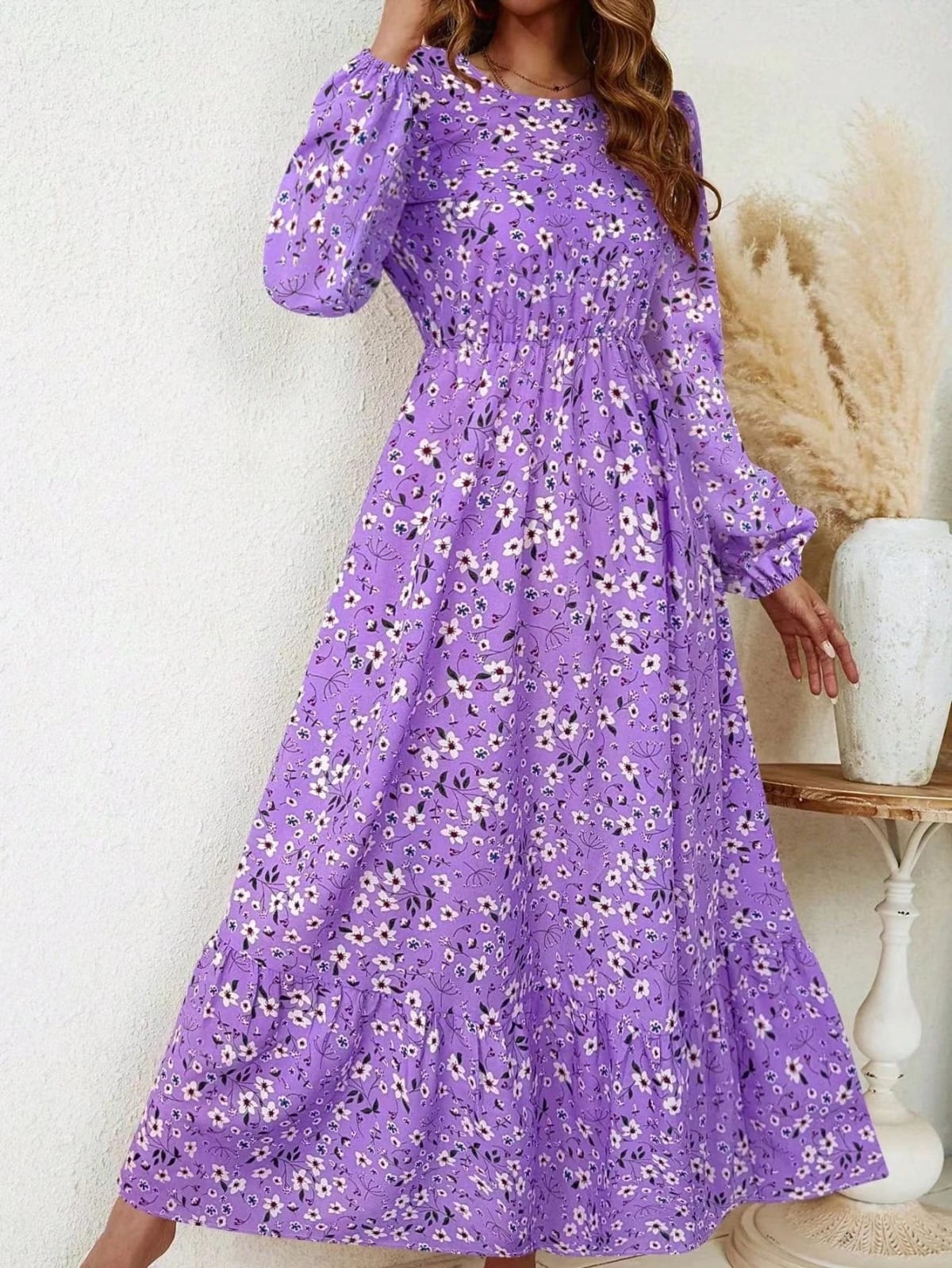 Women's floral smocked waist maxi dress with bishop sleeves