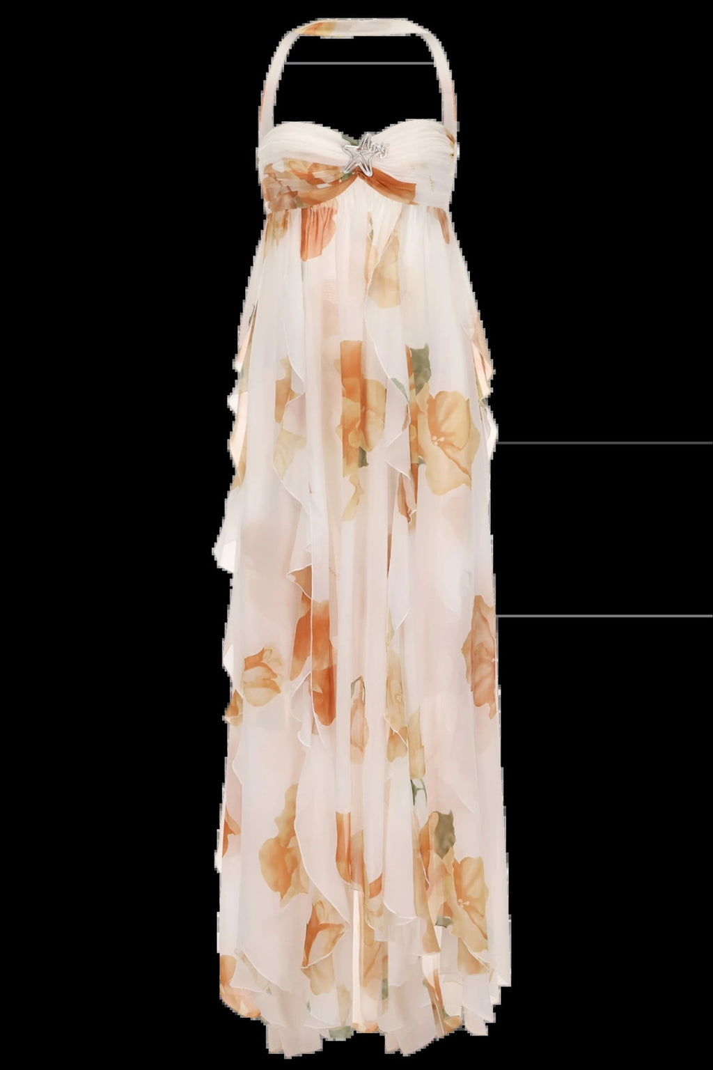 Flowing halter neck maxi dress with empire waist and layered design.