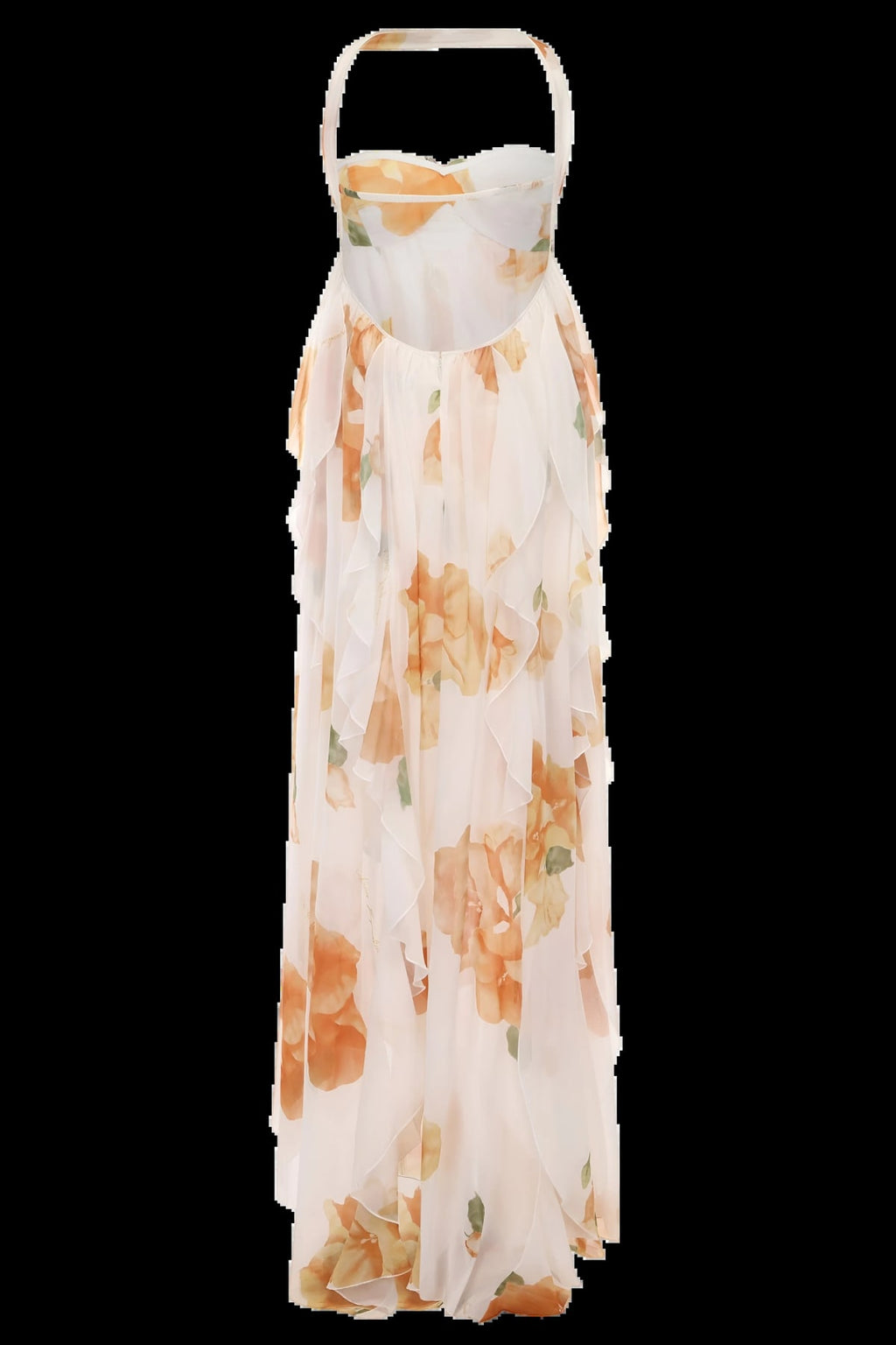 Flowing halter neck maxi dress with empire waist and layered design.