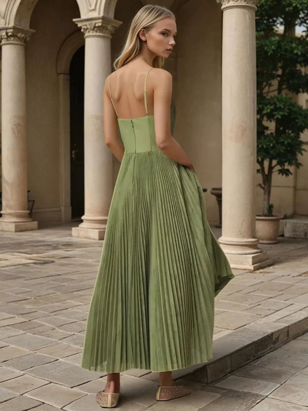 Maxi dress with structured bodice and pleated skirt, sweetheart neckline.