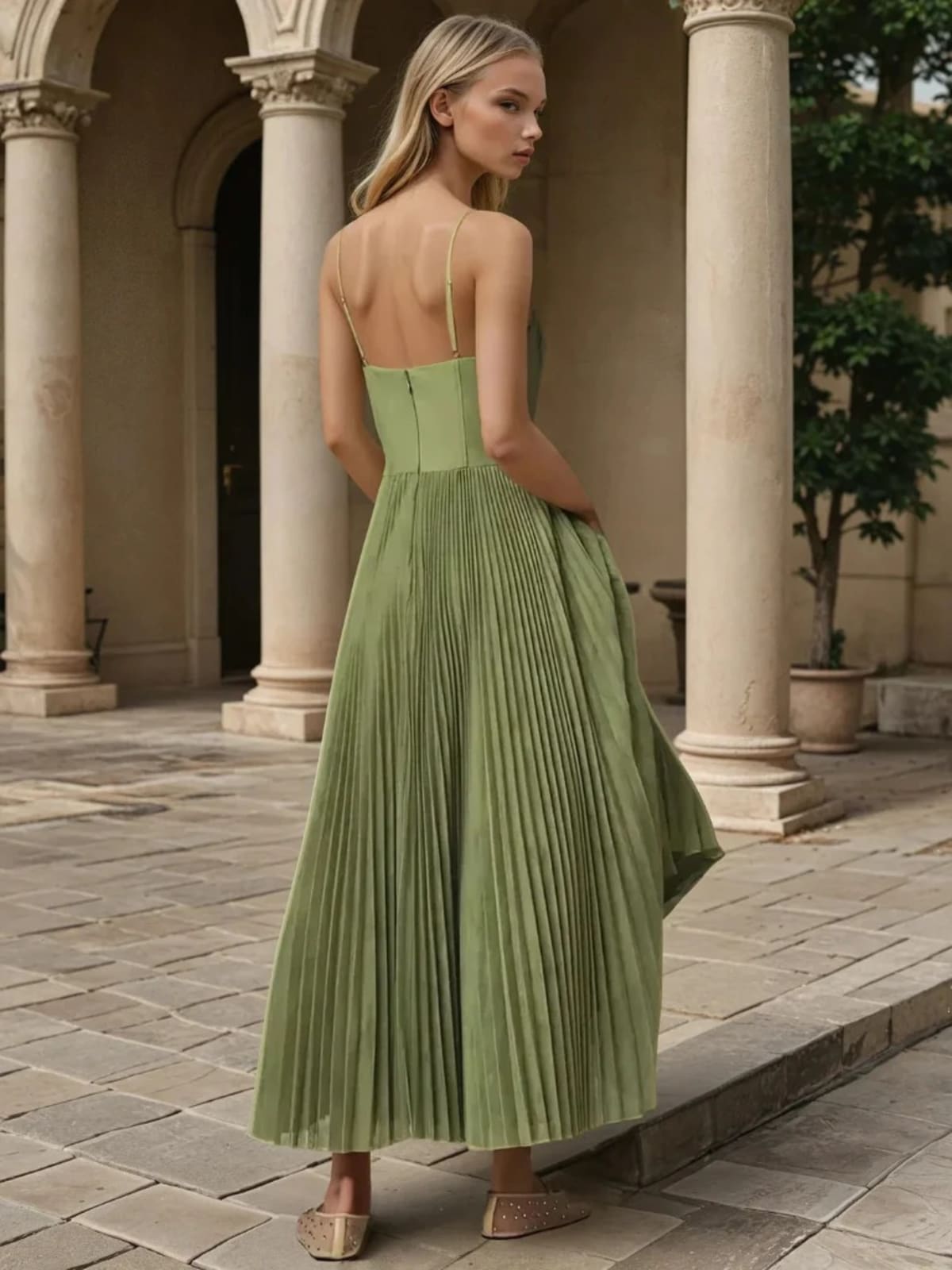 Maxi dress with structured bodice and pleated skirt, sweetheart neckline.