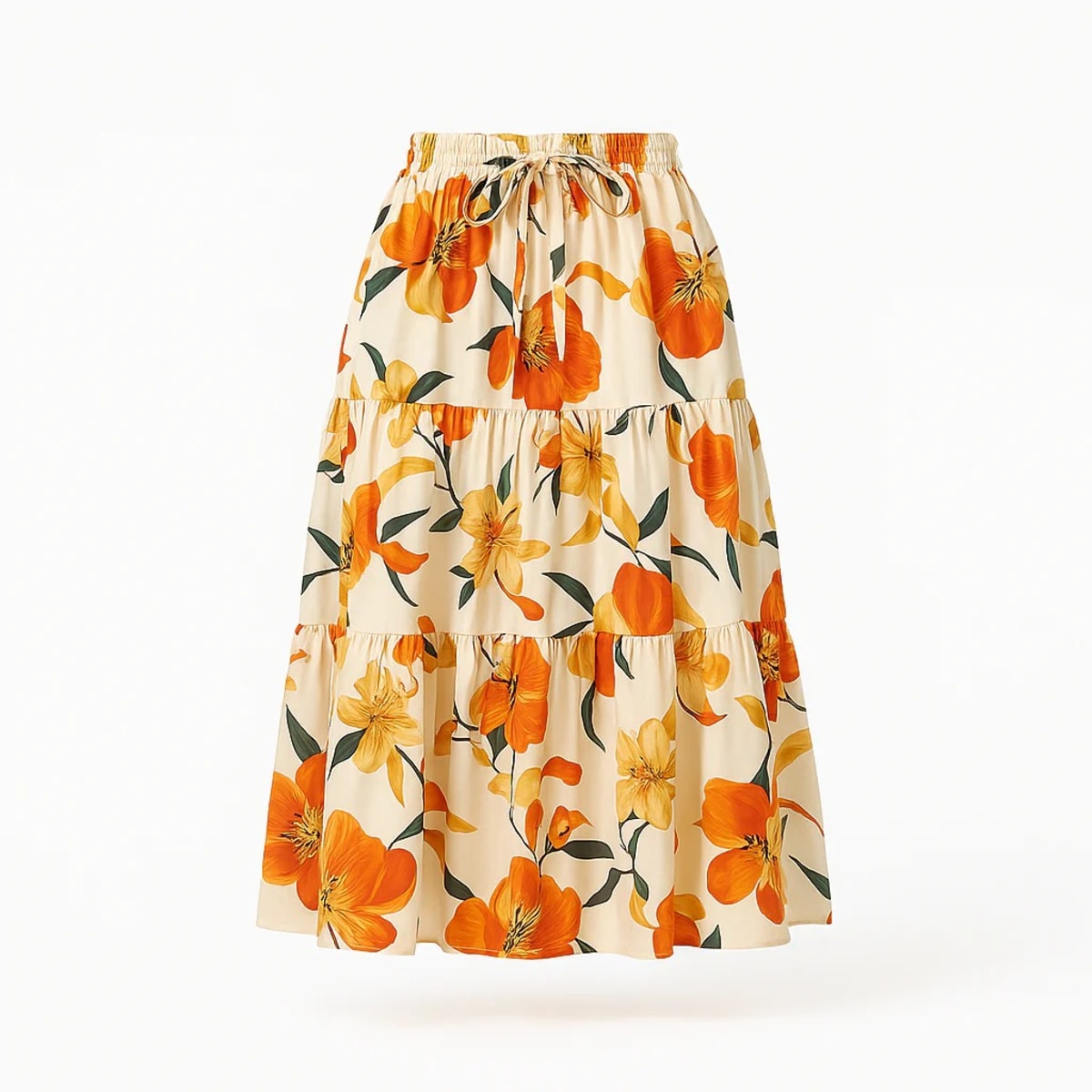 Tiered maxi skirt with vibrant floral print and elastic waist.