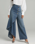 High-waisted wide-leg pants with an asymmetrical wrap front.