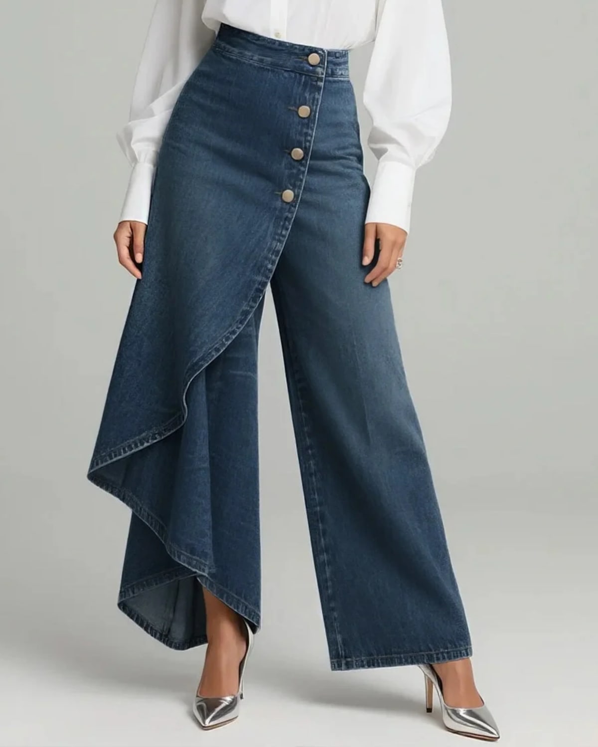 High-waisted wide-leg pants with an asymmetrical wrap front.