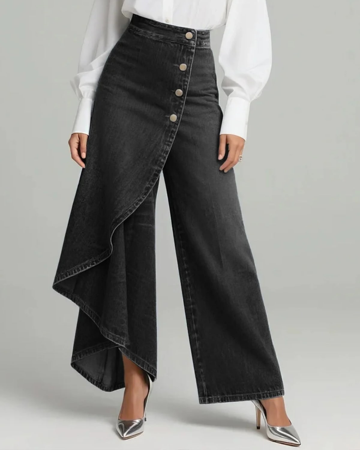 High-waisted wide-leg pants with an asymmetrical wrap front.
