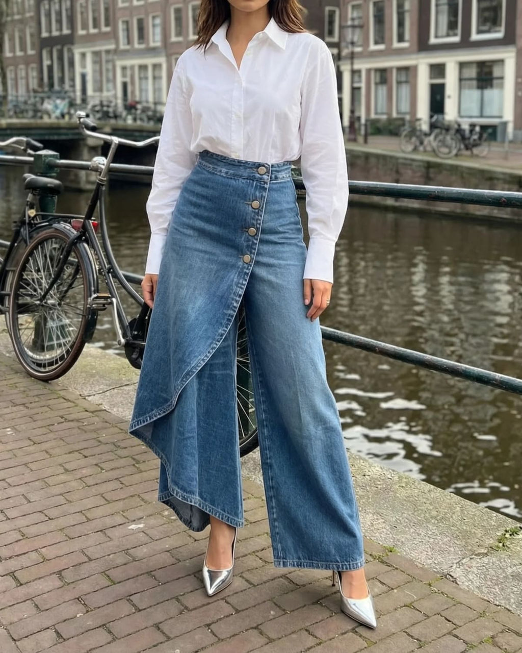 High-waisted wide-leg pants with an asymmetrical wrap front.